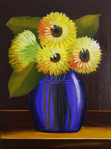 Sunflowers in a Purple Glass Vase by Doreen Gehrke, Painting for Sale on Singulart