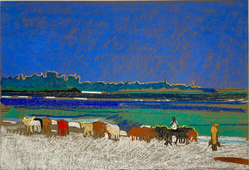 Cattle on Msambweni Beach by James Vaulkhard, Work on Paper for Sale on Singulart