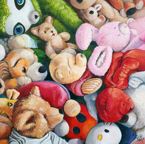 3 ours et 1 lapin rose by Christel Fréon, Painting for Sale on Singulart