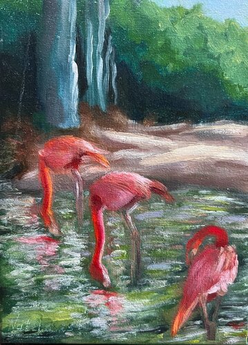 Flamencos of Barcelona Zoo von Natela Krutii, Malerei kaufen auf Singulart