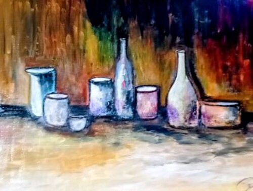 CIOTOLE E BOTTIGLIE - NATURA MORTA de ALFONSO CESARO, Pintura a la venta en Singulart
