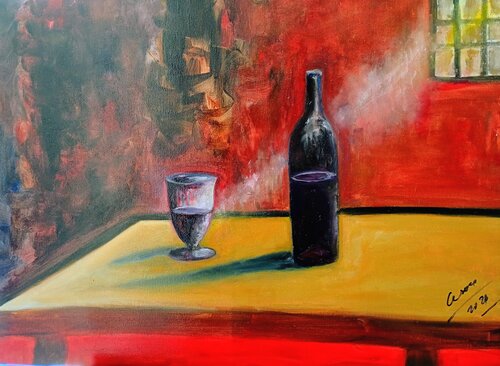 IL BICCHIERE E LA BOTTIGLIA NEL VINOI E NELLA LUCE60 by ALFONSO CESARO, 絵画 for Sale on Singulart