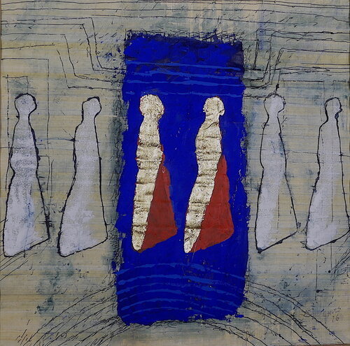 Arrivées au temple d'Horus - Sur Papyrus & feuille d'or van Guy Muls, Schilderij te koop op Singulart