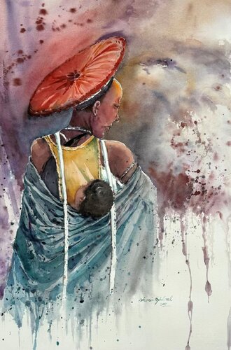 Maternità donna con bimbo sulle spalle von Shirin Eghbal, Malerei kaufen auf Singulart