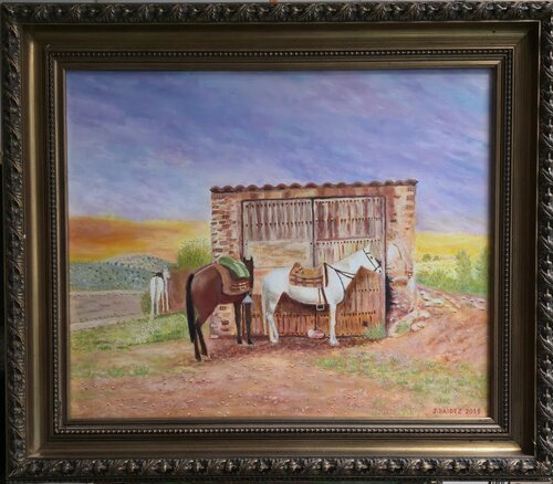 Caballos descansando en la tejera antigua. von José Báidez González, Malerei kaufen auf Singulart