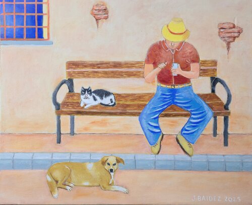 Soledad conectada con perro y gato. di José Báidez González, Pittura in vendita su Singulart