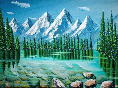 Emerald lake in Alps von Alexander Aleksyuk, Malerei kaufen auf Singulart