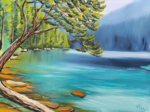 Emerald lake in Alps with forest van Alexander Aleksyuk, Schilderij te koop op Singulart
