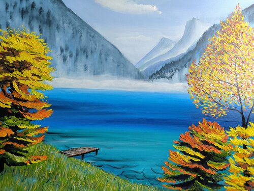 Bright autumn trees in Alpen lake von Alexander Aleksyuk, Malerei kaufen auf Singulart