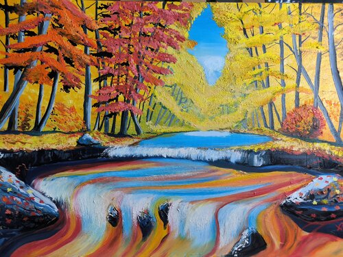 Forest river in red yellow trees in Autumn di Alexander Aleksyuk, Pittura in vendita su Singulart