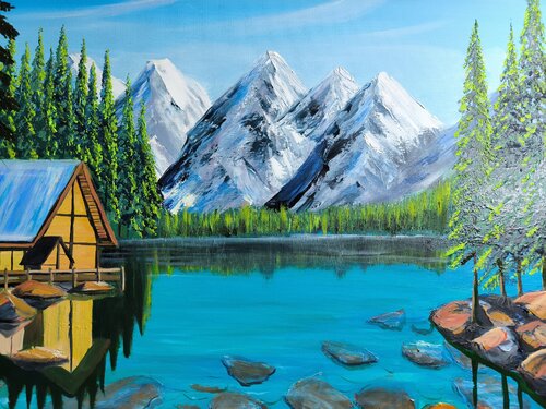 Lake in Alps with small house van Alexander Aleksyuk, Schilderij te koop op Singulart