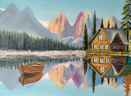 Dolomites lake with house and boat van Alexander Aleksyuk, Schilderij te koop op Singulart