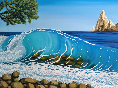 Transparent wave with stones by Alexander Aleksyuk, Painting for Sale on Singulart