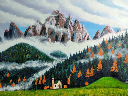 Orange Sankta Magdalena Dolomites Sud Tirol van Alexander Aleksyuk, Schilderij te koop op Singulart