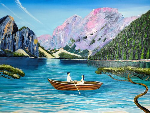 Romantic Lago di Braies in Alps de Alexander Aleksyuk, Pintura a la venta en Singulart