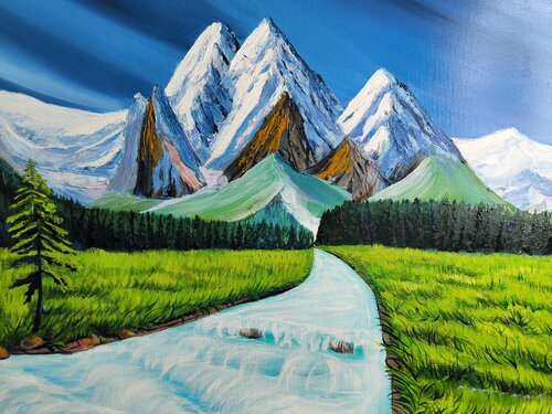 Swiss Alps with river by Alexander Aleksyuk, Painting for Sale on Singulart