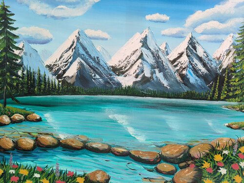Emerald lake in Alps with flowers by Alexander Aleksyuk, Painting for Sale on Singulart