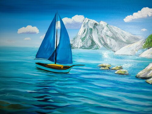 Blue sailboat di Alexander Aleksyuk, Pittura in vendita su Singulart