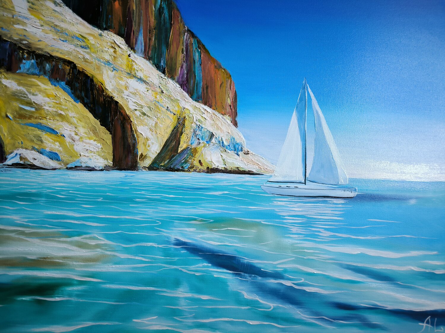 Sailboat near rocks Alexander Aleksyuk Peinture originale à vendre