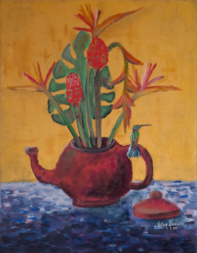 "Still leven" aux oiseaux de paradis, à l'Heliconia, à la rode de porcelaine, au tapeinochilos, au monstera et au colibri von Victor Abel, Malerei kaufen auf Singulart