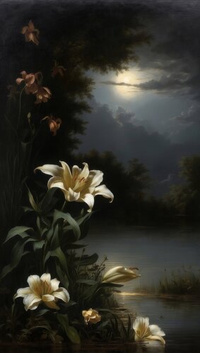 Moonlit Lilies (Nocturne) von Uchenna Obinabo-Mabazza, Druck kaufen auf Singulart