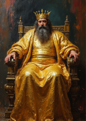 King Midas on the Throne Vintage Oil on Canvas Mythology Portrait Classic Deep Gold Layering Extreme Palette (circa 2019) Bring Home the Wealth von Thomas Piperis, Digital kaufen auf Singulart