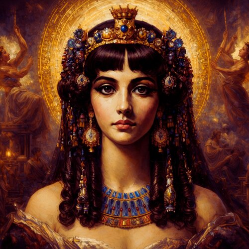 Semiramis Empress of Babylon Portrait Rare Unique Piece Oil on Canvas Square Size  Deep Color stucco technique de Thomas Piperis, Pintura a la venta en Singulart