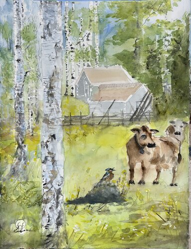 Swedish summer whit cows par Leila Lagrèn, Œuvre sur papier en vente sur Singulart