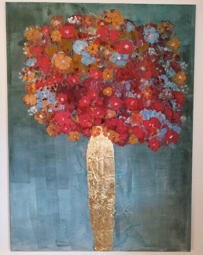 Goldene Vase mit roten Blumen van Vinja Bergmann, Schilderij te koop op Singulart