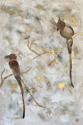 Fantasy Vögel im Zauberwald van Gabriele Grundner, Schilderij te koop op Singulart