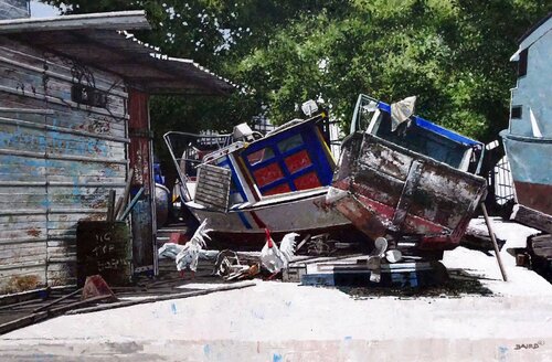 Boatyard Visitors di Dwight Baird, Pittura in vendita su Singulart