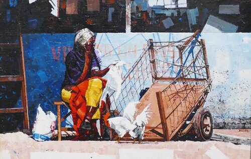 Old Woman and Chickens von Dwight Baird, Malerei kaufen auf Singulart