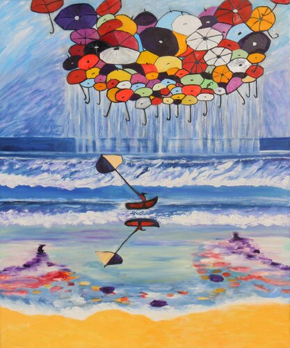 Envol de parapluies au dessus de la mer van Louise Bressange, Schilderij te koop op Singulart