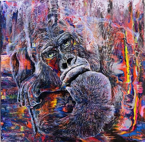 Gorille rêveur (Œuvre Fluorescente sous lumière noire) von Christine NAVARRO, Malerei kaufen auf Singulart