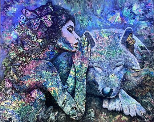 REVE DE LOUP (Œuvre Fluorescente sous lumière noire) von Christine NAVARRO, Malerei kaufen auf Singulart