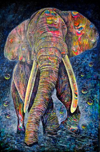 ELEPHANTE (Œuvre Fluorescente sous lumière noire) von Christine NAVARRO, Malerei kaufen auf Singulart
