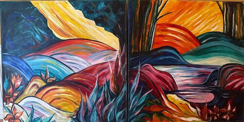 Dyptic - Zyklus Sonnenlandschaften + Zyklus Sonnenlandschaften 2 di Olga Schrufer-Kozlova, Pittura in vendita su Singulart