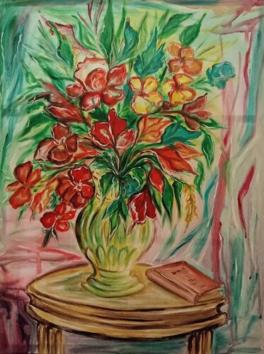 Nature morte avec un livre par Olga Schrufer-Kozlova, Peinture en vente sur Singulart