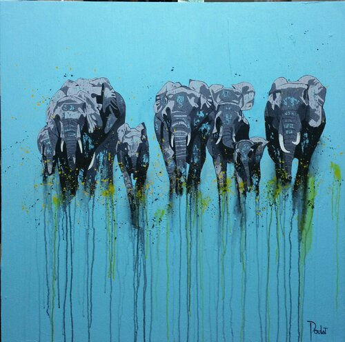 TROUPEAU D'ELEPHANTS par François Poulat, Peinture en vente sur Singulart