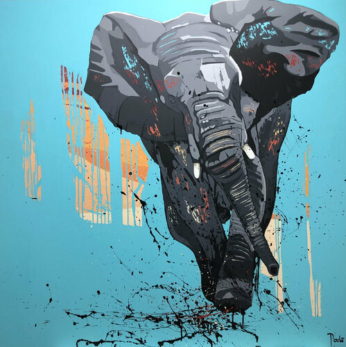 ELEPHANT " La Charge " par François Poulat, Peinture en vente sur Singulart