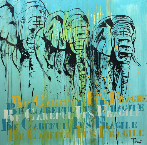 ELEPHANTS " BE CAREFUL , IT'S FRAGILE ! " von François Poulat, Malerei kaufen auf Singulart