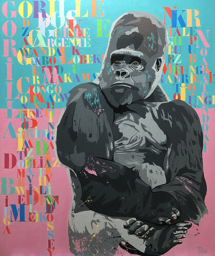 GORILLE " Couleurs dans la Brume " Hommage à Diane Fossey par François Poulat, Peinture en vente sur Singulart
