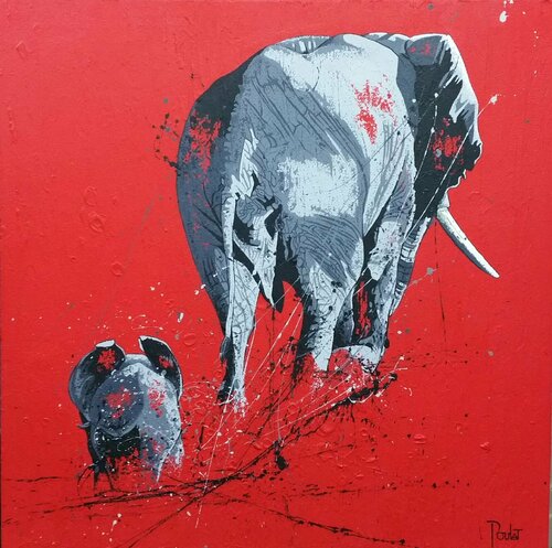ELEPHANTS : Le petit dernier par François Poulat, Peinture en vente sur Singulart
