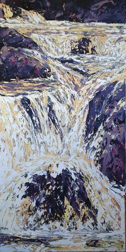Golden cascade beneath the rocks di Emma Heffe, Pittura in vendita su Singulart