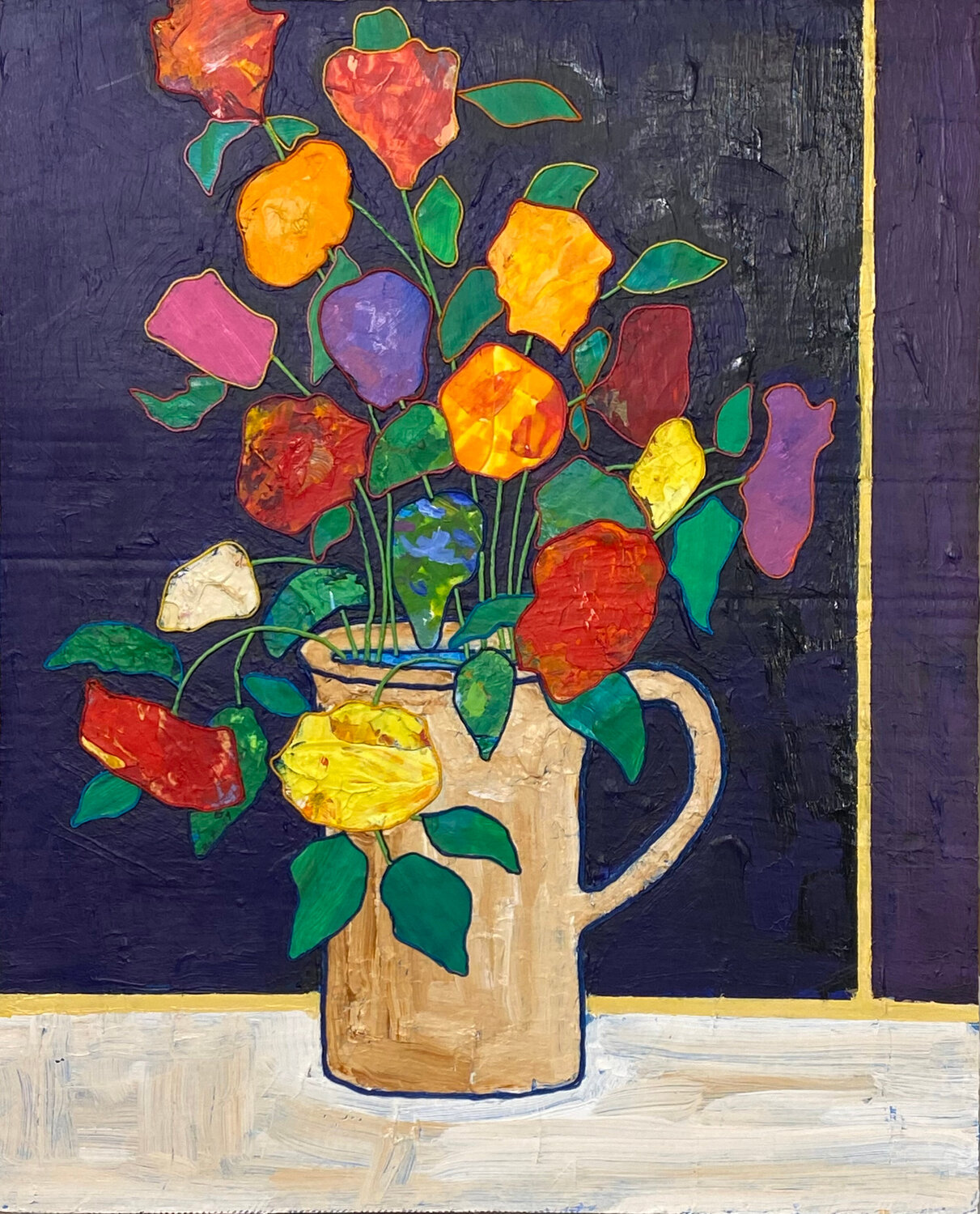 Fat Pitcher with Flowers Ronald Hicks Peinture originale à vendre