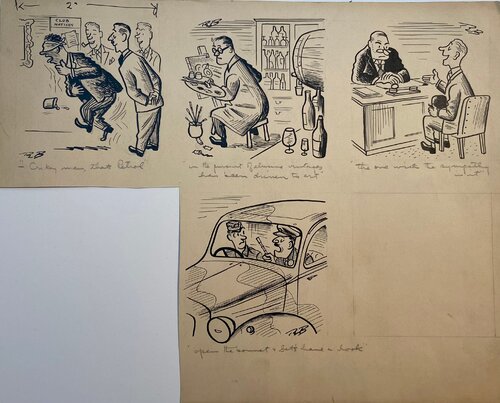 Five different cartoons on one sheet by Russell Brockbank, Painting for Sale on Singulart