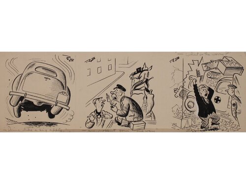 "Drive Like a  Big Apple", A strip cartoon, signed black ink artwork, Published in the Motor magazine November/December 1941 by Russell Brockbank, Work on Paper for Sale on Singulart