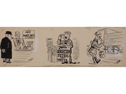 £5 a gallon, A strip cartoon, signed black ink artwork, Published in the Motor magazine November/December 1941 by Russell Brockbank, Work on Paper for Sale on Singulart