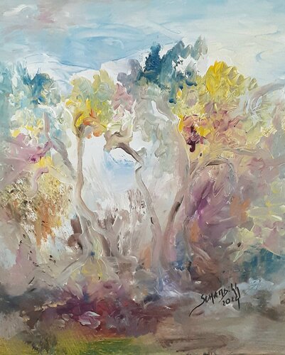 Arbres en fleur sous le vent d'été by Sylvie Schambill, Painting for Sale on Singulart