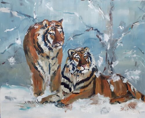 Tigres dans la neige von Sylvie Schambill, Malerei kaufen auf Singulart